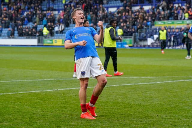 Thomas Waddingham celebrates scoring Pompey's winner against Millwall at the final whistle