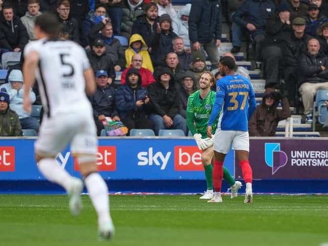 Pompey keeper Nico Schmid after Millwall's opener. Pic: Jason Brown.