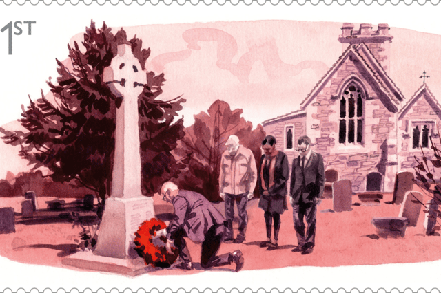 Commemorative Remembrance stamps are being produced by Royal Mail and will be issued on Armistice Day. Pictured: Wreaths being laid at a war memorial.