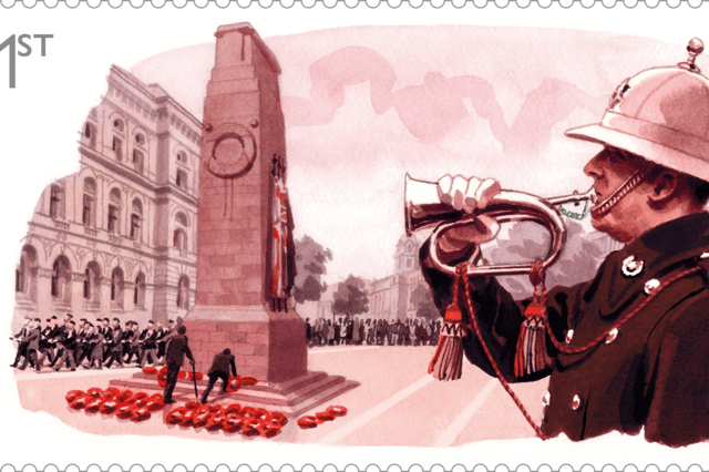 Commemorative Remembrance stamps are being produced by Royal Mail and will be issued on Armistice Day. Pictured: Royal Marines Bugler performing at The Cenotaph.