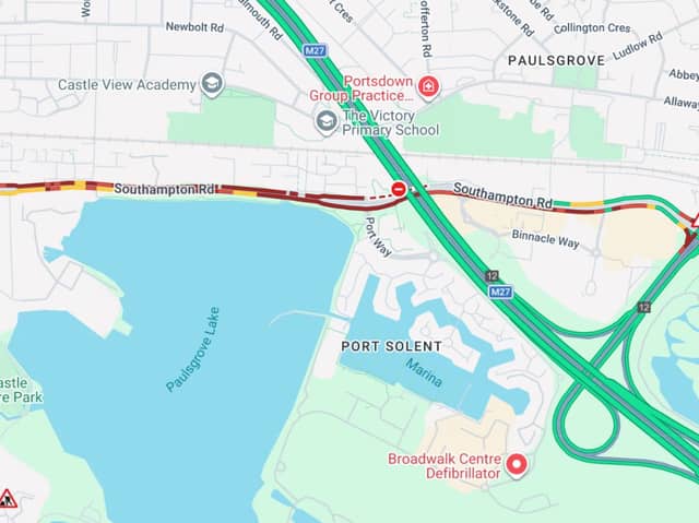 AA Traffic News: "Road closed and slow traffic due to multi-vehicle accident on A27 Both ways between Port Way and M27 J12 (Portsmouth)."