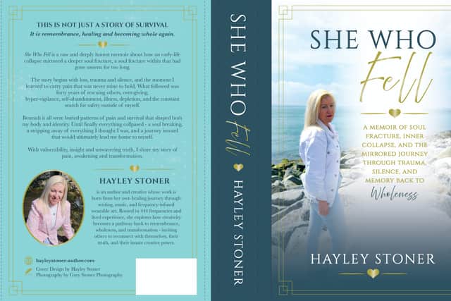 Cover of She Who Fell debut memoir by Hayley Stoner documenting soul fracture, inner collapse, and the mirrored journey through trauma, silence, and memory back to wholeness.