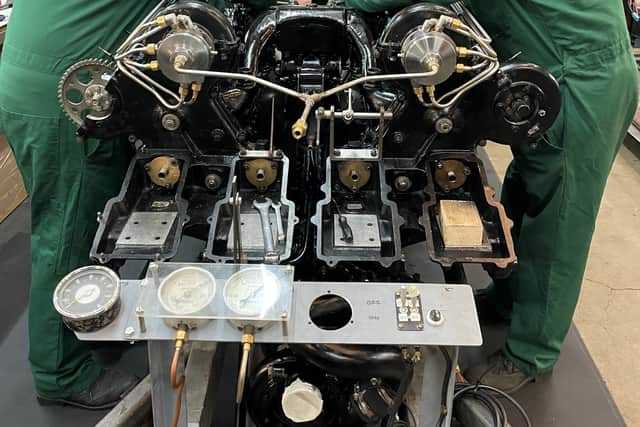 Senior Engineer Ian Stanfield (left), apprentice Aaron Burton and volunteer Phil Hibbard work on Sunbeam's second engine