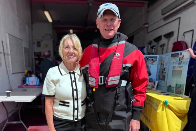 Patrick's Mum, Ann Beach with GAFIRS volunteer Coxswain Mike Allen who tried to save him