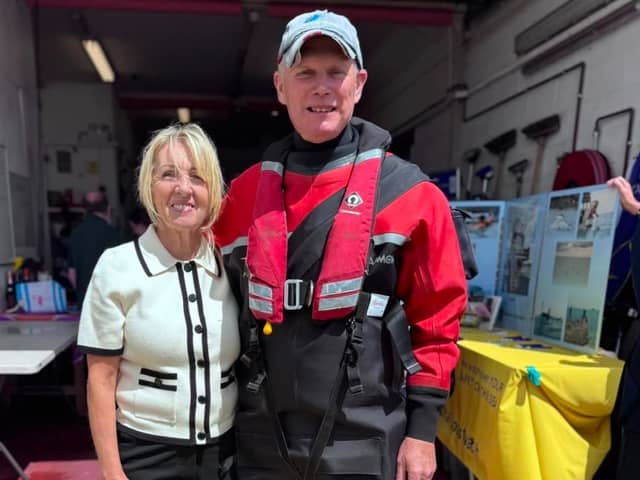 Patrick's Mum, Ann Beach with GAFIRS volunteer Coxswain Mike Allen who tried to save him