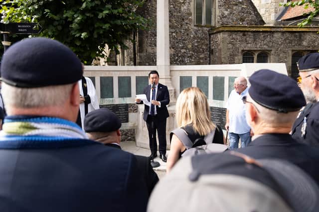 MP Alan Mak speaks at the ceremony at Havant War Memorial that honoured three local men lost in the Falklands conflict in 1982