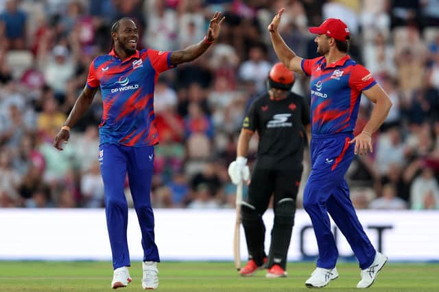 SOUTHAMPTON, ENGLAND - JULY 30: Chris Jordan of Southern Brave Men celebrates with teammate Marcus Stoinis.