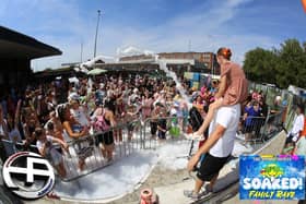 Foam being fired into the crowd, whilst Mc Skatty and Willow are on mic duties