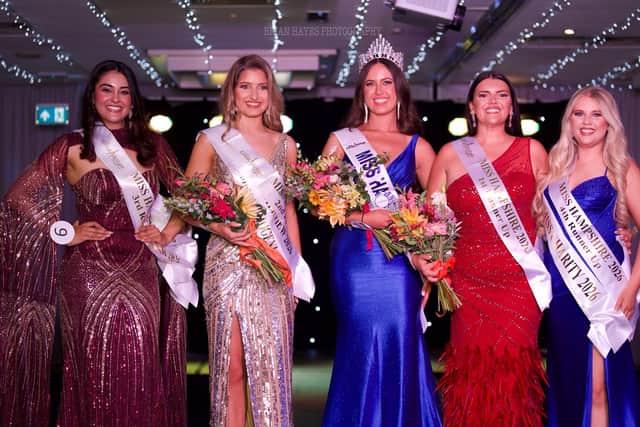 Top 5 at Miss Great Britain Hampshire 2026. Left to right Pari Rao, Sienna Corlett, Winner Rhiannon Howe, Elli-May, Amy Jordan
