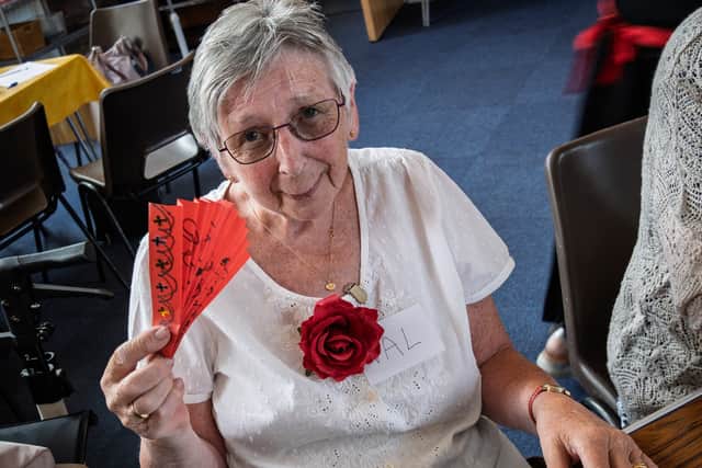 Val Clubley, Holiday at Home participant making a 'Flamenco fan'