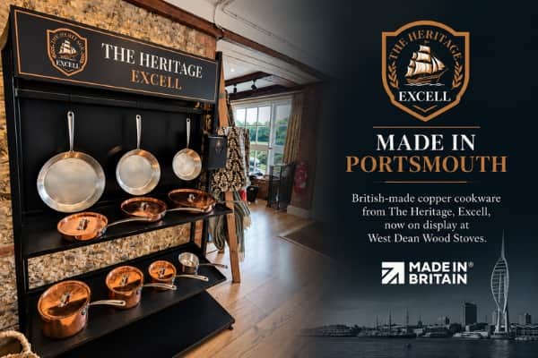 The Heritage, Excell copper cookware display at West Dean Wood Stoves, showcasing the Portsmouth-made range following the new retail partnership.
