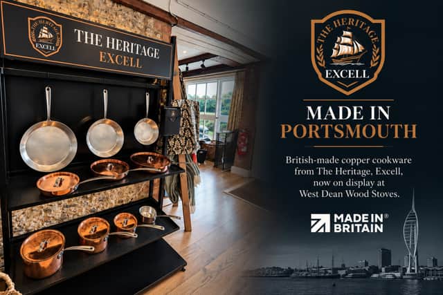 The Heritage, Excell copper cookware display at West Dean Wood Stoves. The Portsmouth-made cookware brand formalised its new retail partnership on Friday 18 September 2026.