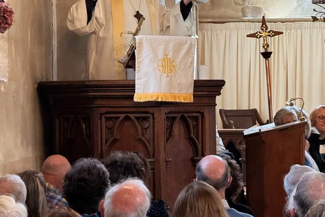 Former Archbishop Rowan Williams preaching in St Michael and All Angels Church, Chalton
