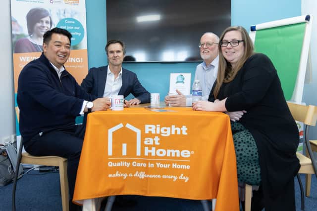Havant MP Alan Mak with Right at Home owner Duncan Cameron and employees Mark Wilson and Becky Griffiths