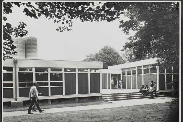 Cambridge Building in the 1970s (now the Student Centre), viewed from the Goods Yard. The Student Hub is now being built on the foreground site, with Mercantile House visible in the background.