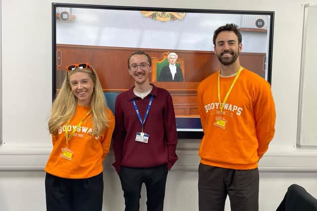 Janie Gonsalez and Paddy Ferguson from the Bodyswaps team, with City of Portsmouth College’s Jack Pauley, Head of Digital, Quality & Innovation.