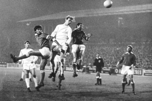 Jack Charlton heads home the first goal from a free kick in the first half of the Fairs Cup clash against Napoil at Elland Road on November 13, 1968. Picture by Graham Lindley/YPN.
