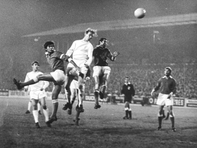 Jack Charlton heads home the first goal from a free kick in the first half of the Fairs Cup clash against Napoil at Elland Road on November 13, 1968. Picture by Graham Lindley/YPN.