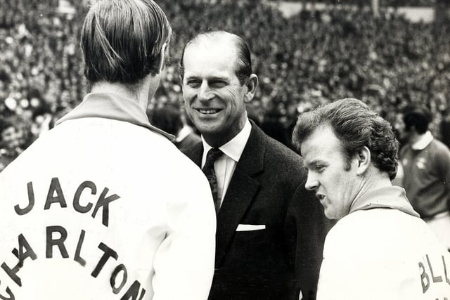 Leeds United captain Billy Bremner introduces The Duke of Edinburgh to Jack Charlton before the 1972 FA Cup final. Picture by BIPPA.