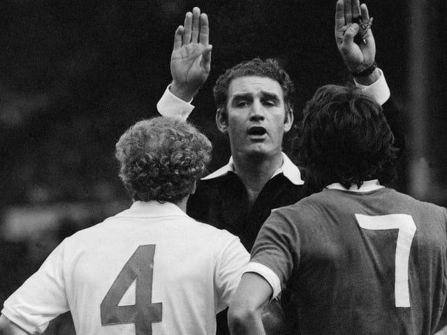 Referee R Matthenson sends off Billy Bremner and Kevin Keegan after they traded punches during the Charity Shield clash at Wembley