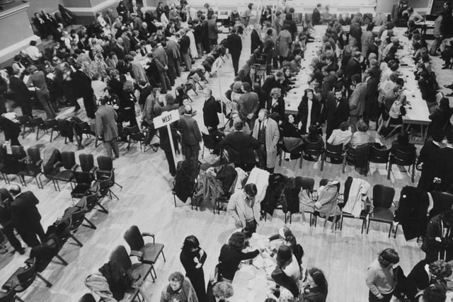 General Election votes being counted at Leeds Town Hall. The Labour Party led by Harold Wilson won by the narrowest majority recorded, three seats.