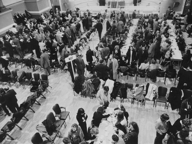 General Election votes being counted at Leeds Town Hall. The Labour Party led by Harold Wilson won by the narrowest majority recorded, three seats.