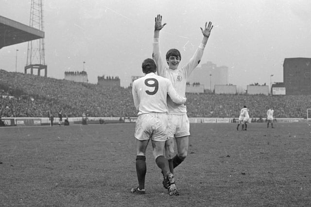 Mick Jones congratulating Allan Clarke after his goal gave Leeds United the lead in the first division match at Stamford Bridge