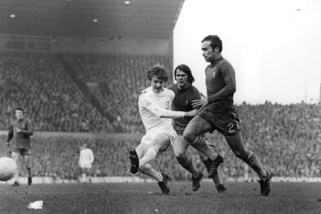 Allan Clarke (left) fires towards goal as Chelsea defenders Ron Harris (left) and Dave Webb approach during the FA Cup Final replay at Old Trafford.