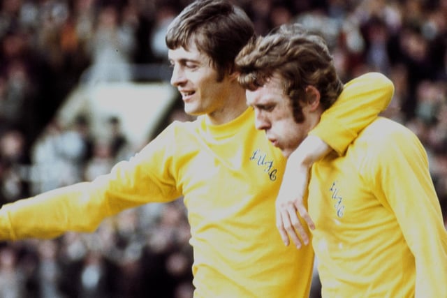 Allan Clarke and Mick Jones during the FA Cup semi-final against Birmingham City at Hillsborough. The Whites won 3-0.