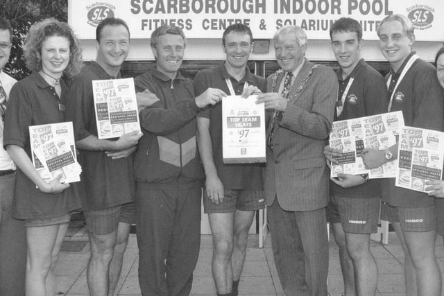 Indoor pool lifeguards were set to represent the area in a contest in London, in late 1997.