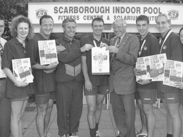 Indoor pool lifeguards were set to represent the area in a contest in London, in late 1997.