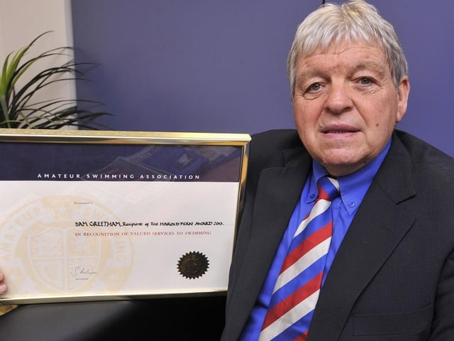 No photo spotlight of Scarborough swimming would be complete without featuring top international coach and sport official Sam Greetham, pictured in 2014 receiving an award for more than 40 years of service to aquatic sport.