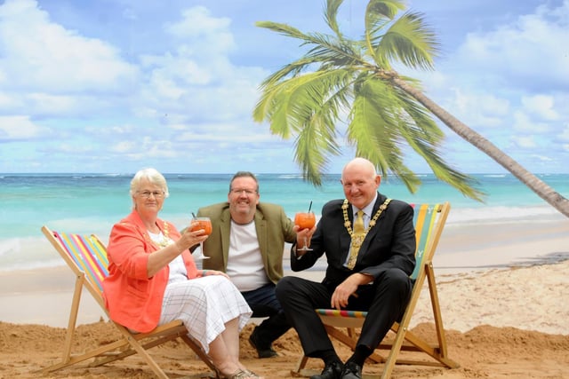 The Mayor, Coun Stuart Martin and the Mayoress, April, enjoying a drink at the Welcome to Yorkshire beach at the Fat Badger with manager Simon Cotton.