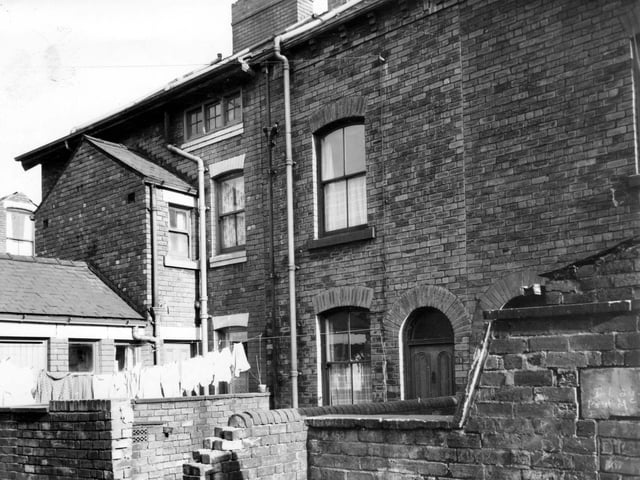 Rear yards and entrances of Back Cameron Street, a row of through terraced houses in March 1965.