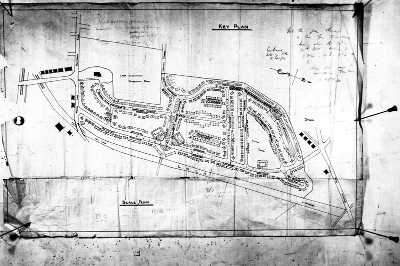 Plans for the Penda's housing estate in November 1955. The Leeds City Corporation recreation park and the L.N.E.R line are clearly visible.