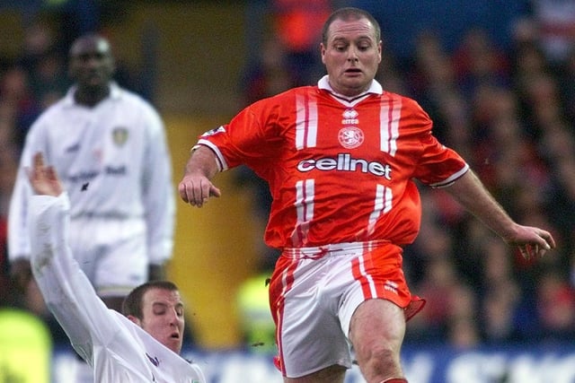 Lee Bowyer slides in on Middlesbrough's Paul Gascoigne. PIC: Owen Humphreys/PA