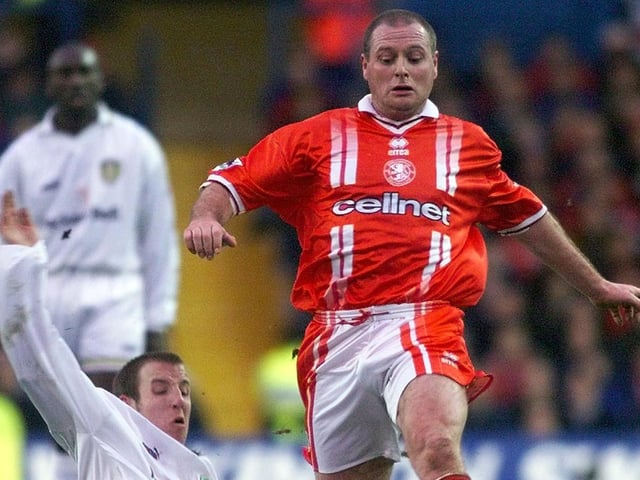Lee Bowyer slides in on Middlesbrough's Paul Gascoigne. PIC: Owen Humphreys/PA