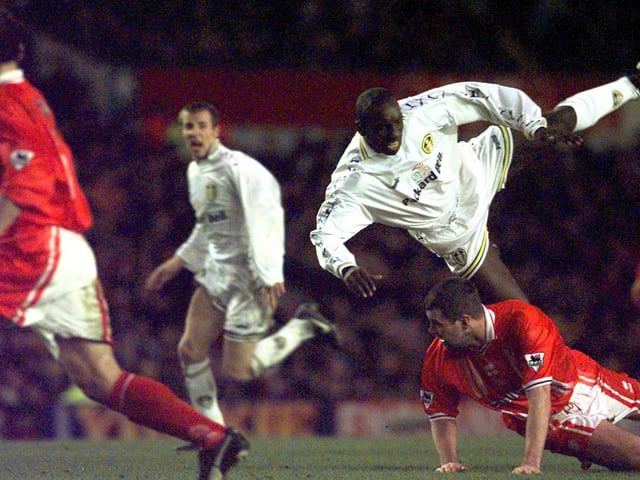 Jimmy Floyd-Hasselbaink takes a tumble over Middlesbrough's Gary Pallister.