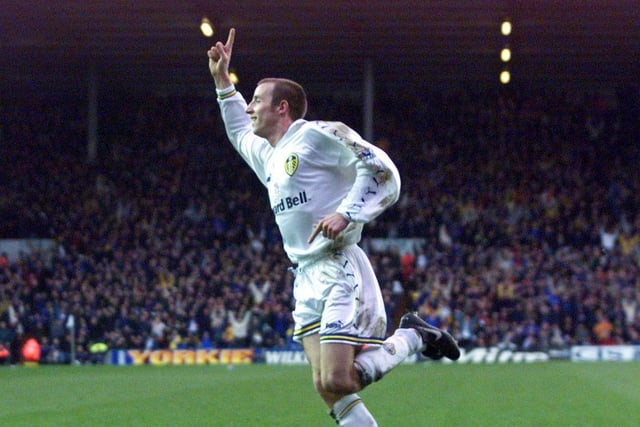 Lee Bowyer celebrates scoring Leeds United's second goal.