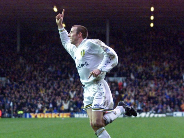 Lee Bowyer celebrates scoring Leeds United's second goal.