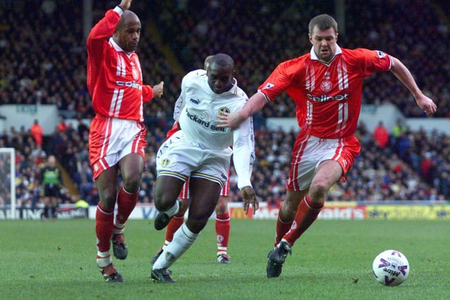 Striker Jimmy-Floyd Hasselbaink charges through the Middlesbrough defence.