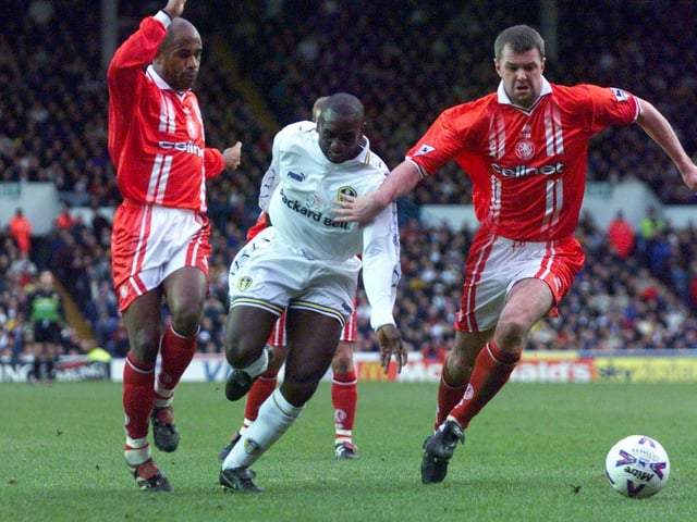 Striker Jimmy-Floyd Hasselbaink charges through the Middlesbrough defence.