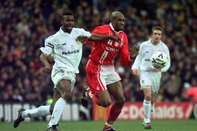 Lucas Radebe battles for the ball with Middlesbrough striker Brian Deane.