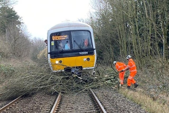 A tree which blocking the train line between Great Missenden and Amersham during Storm Eunice