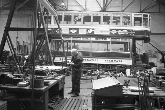 In 1985 Blackpool's famous trams were celebrating their 100th anniversary, and they are still going strong today. Pictured here is the one of the older trams being lovingly restored in the workshop