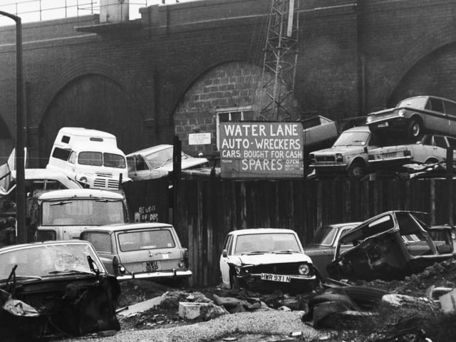 The scrap car yard near the junction of Bath Road and Water Lane at Holbeck pictured in March 1981.