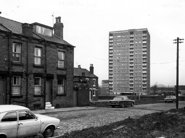 Pleasant Mount in February 1980. The tower block of Meynell Heights dominates the area.