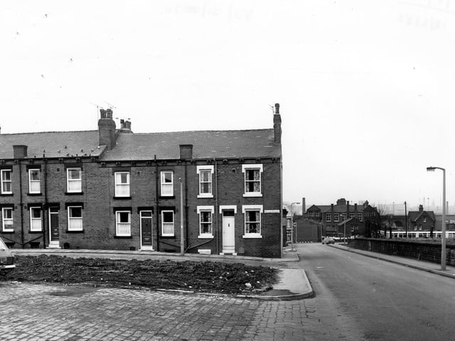 The junction of Pleasant Terrace with St. Matthew's Street on the right, showing houses on Pleasant Terrace in February 1980.