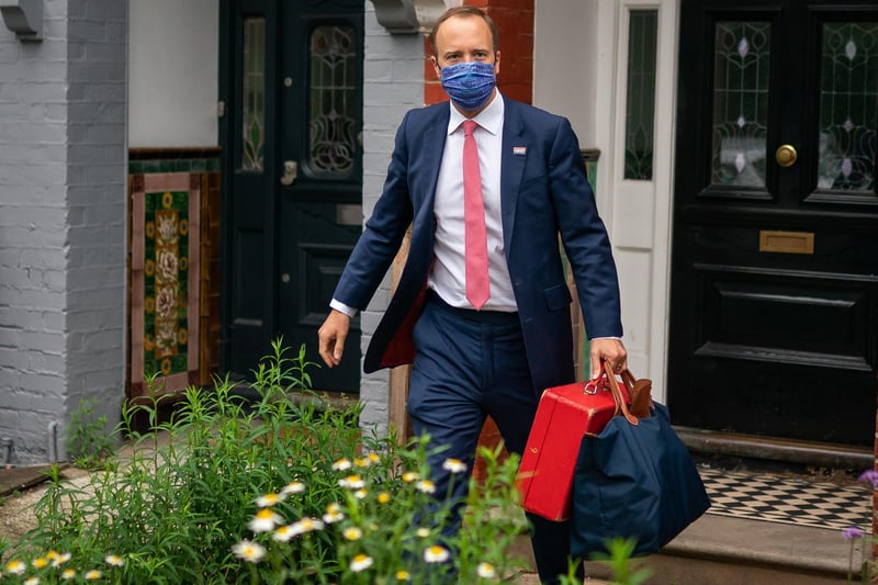 Health Minister Matt Hancock outside his home in north-west London, the day after a series of WhatsApp exchanges were published, criticising him over coronavirus testing.
