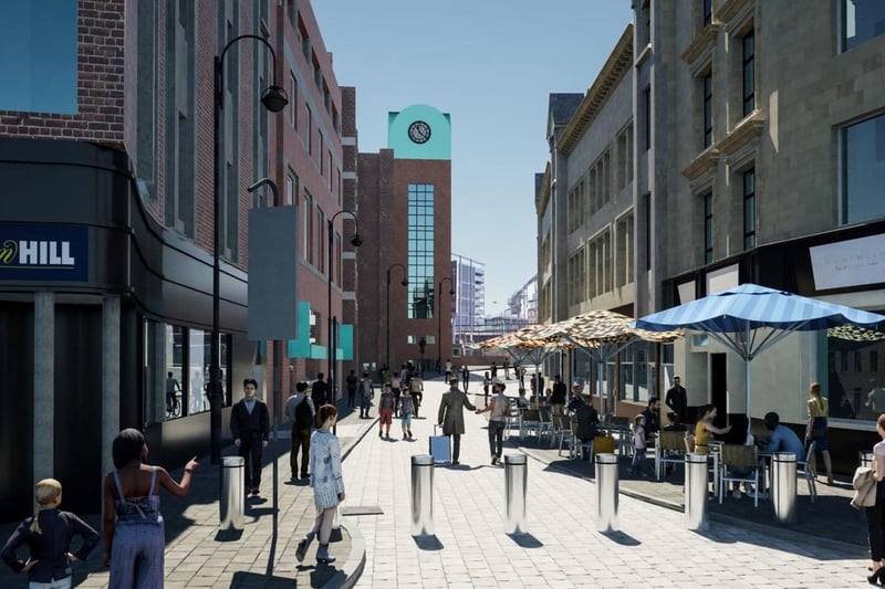 The view from Boar Lane. This street being pedestrianised would mean businesses like Laynes Espresso and Friends of Ham can have outdoor seating area.